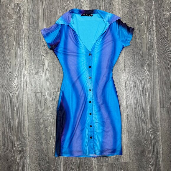 Motel Blue Purple Aura Mesh Button Down Bodycon Short Sleeve Dress - Picture 1 of 6